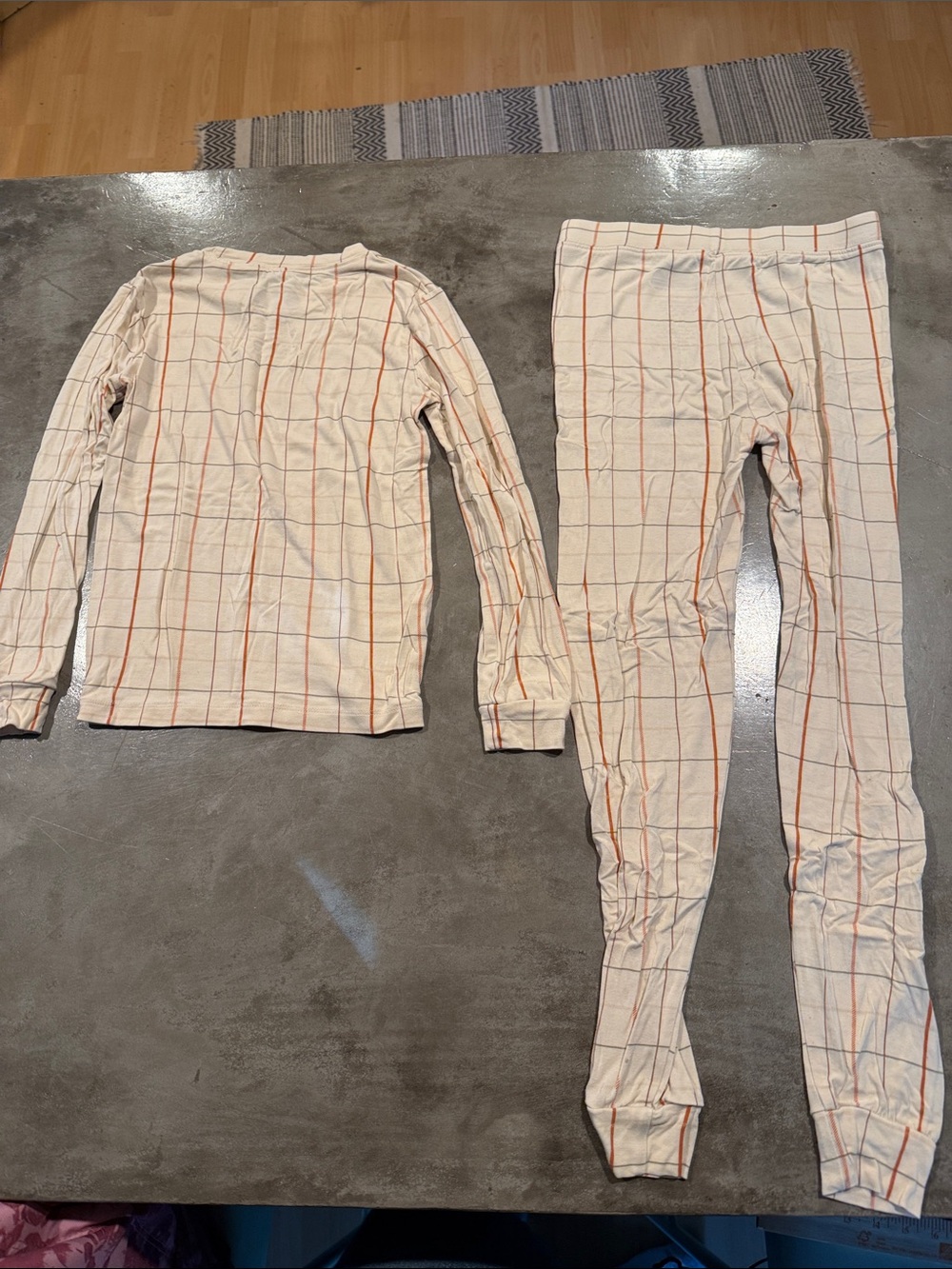 Kids Long Sleeve Pajama Set in Cream with Orange Grid - Picture 3 of 3